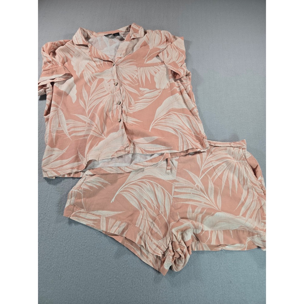 Tahari Pajama Set Women XL Peach Tropical Palm Linen Blend Button Top Shorts